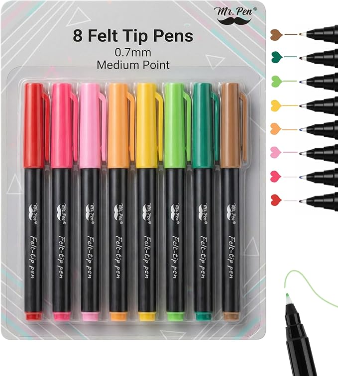 Mr. Pen- Felt Tip Pens, 8 Pack, Fast Dry | Fine Felt Tip Pens by MrPen