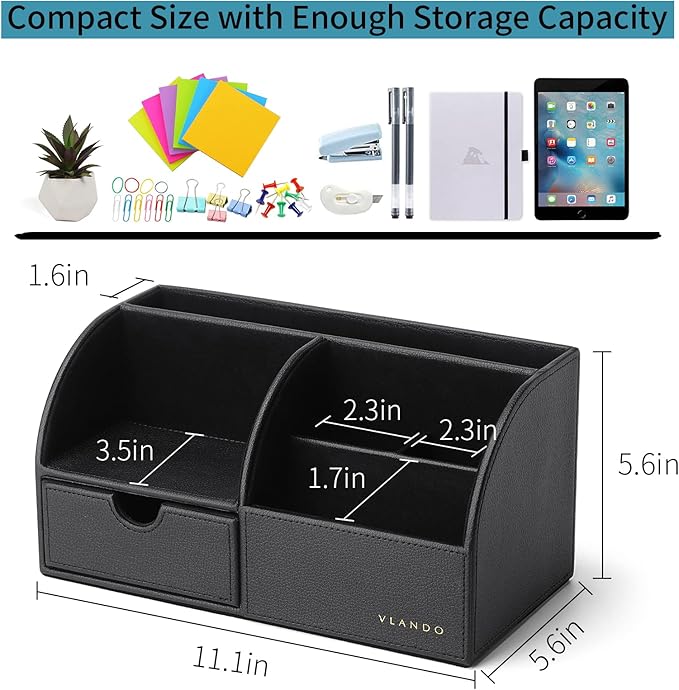 Vlando Office Desk Organizer Leather Desktop Organizer Caddy with Drawer for Storing Desktop Supplies and Accessories (Black)-DeskLoop Office