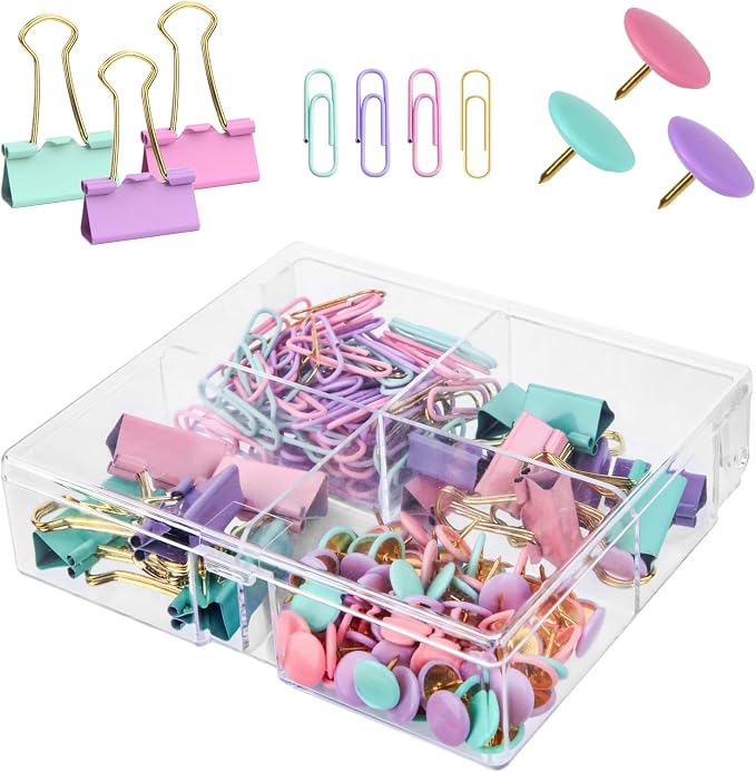 Pastel Paper Clips Binder Clips Push Pins Set by CREECHWA