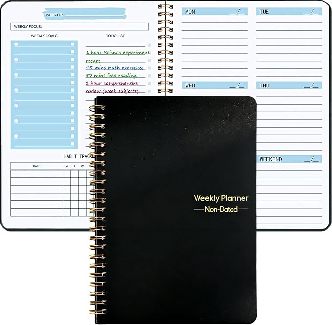 Undated Weekly Planner with Goal & Habit Tracker Notebook Spiral Binding Small by Aosemili