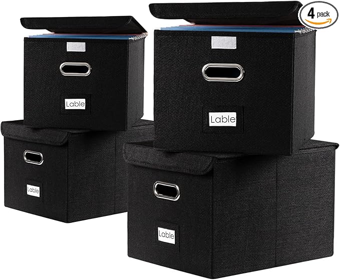 PRANDOM File Organizer Box - Set of 4 Collapsible Decorative Linen Filing Storage Hanging File Folders with Lids Office Cabinet Letter Size Black (15x12.2x10.75 inch)-DeskLoop Office