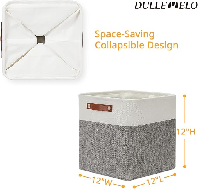 DULLEMELO [Set of 4 Storage Cubes Baskets for Organizing, 12 x 12 x 12 inch Cube Storage Organizer Bins with Leather Handles, Foldable Fabric Cloth Bins for Cube Storage(4 Pack - 12" White&Grey)-DeskLoop Office