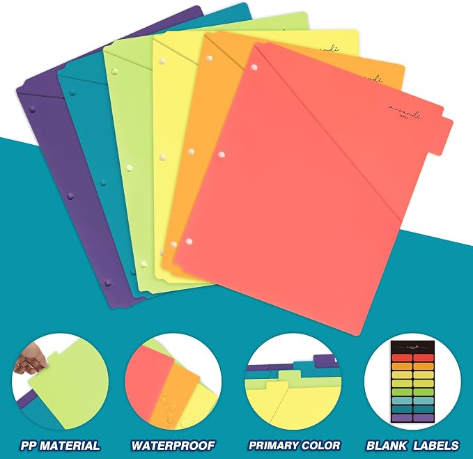 H4D 6-Tab Plastic Binder Dividers, 2 Pockets, Primary Colors, 1 Set | Made of - Image 5
