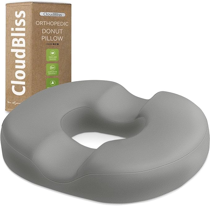 CloudBliss Donut Pillow Seat Cushion Chair Pad for Tailbone Pain Relief and Hemorrhoids, Memory Foam Seat Chair Cushion for Men and Women for Home & Office, (Light Grey)-DeskLoop Office