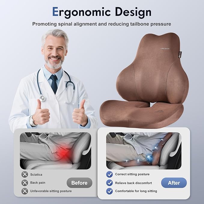 Coverado Memory Foam Car Seat Cushion and Lumbar Support Pillow for Car, Ergonomic Office Chair Cushion for Lower Back Pain Relief, Breathable & Non-Slip for Car, Home, and Office Use, Coffee-DeskLoop Office