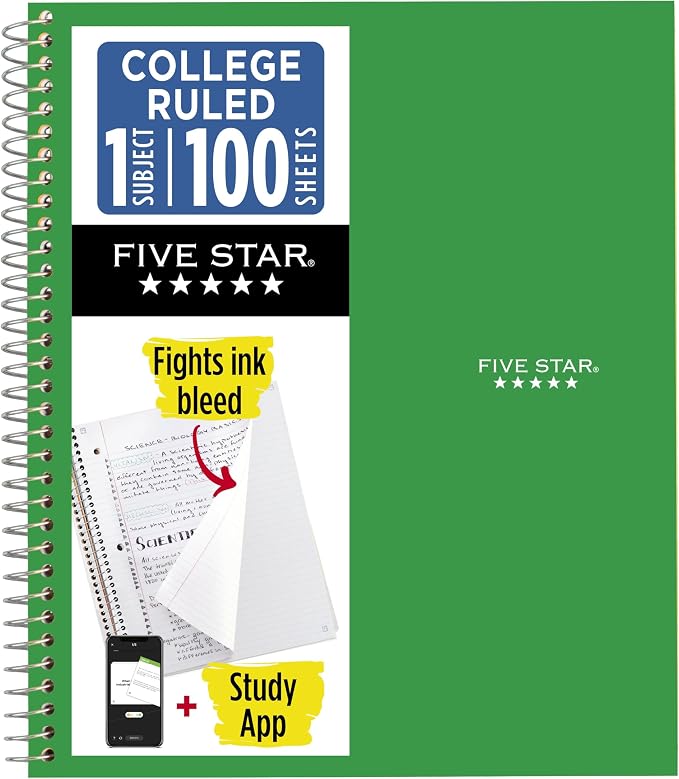 Five Star Spiral Notebook Plus Study App, 1 Subject, College Ruled Paper by FiveStar