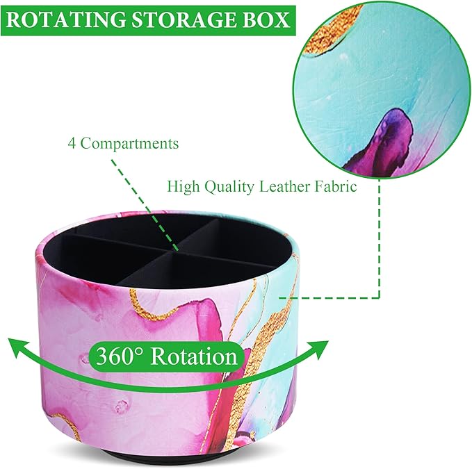 Round Leather Art Supply Organizer,Remote Control Holder,360-degree Rotating Pen Organizer with 4 Compartments(1-Red Green Splash Ink)-DeskLoop Office