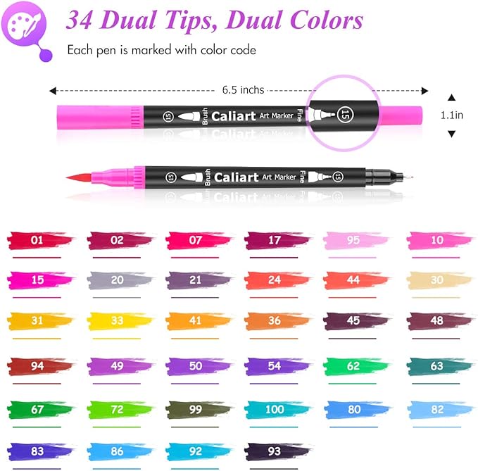 Caliart 34 Double Tip Brush Pens Art Markers, Aesthetic Cute Preppy Stuff School Supplies, Artist Fine & Brush Pen Coloring Markers for Kids Adult Book Cards Drawing Craft Kit Teacher Office Supplies-DeskLoop Office
