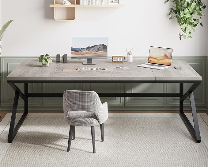 HSH 78 Inch Long Home Office Desk, Extra Large Grey Computer Desk for 2 Person, Industrial Wooden and Metal Executive Work Writing Study Gaming Desk Table, Modern Bedroom PC Laptop Desk Double Desk-DeskLoop Office