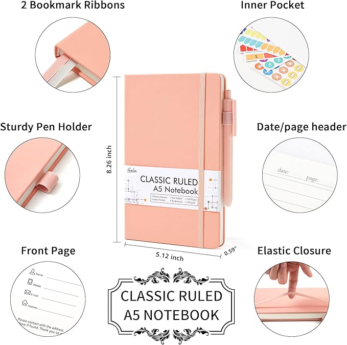 feela 5 Pack Notebooks Journals Bulk, Hardcover Classic Ruled Lined Journals with Pen Holder for Women Girls School Business Supplies, with 5 Black Pens, 120 GSM, 5.1”x8.3”, A5, Light Coral-DeskLoop Office