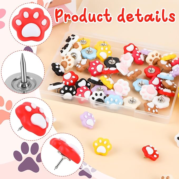 JANYUN 60Pcs Cat Paw Push Pins Cute Decorative Animal Thumb Tacks | Resin Cat - Image 2