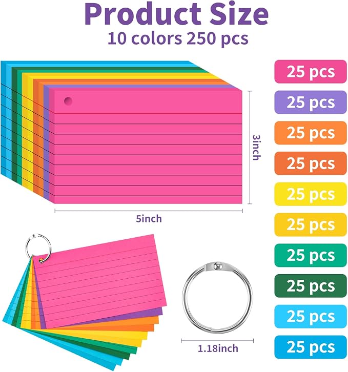 250 Count Colored Index Cards for Studying, 3x5 Inch Ruled Flash Cards 10 - Image 2