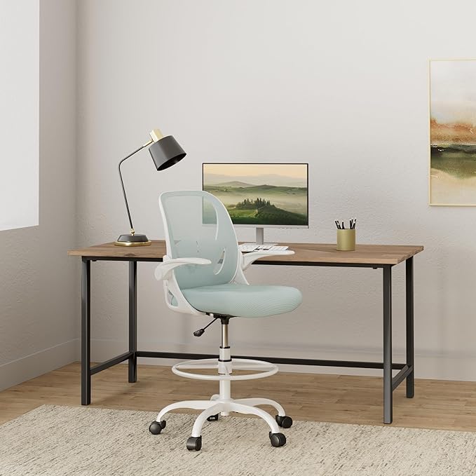 Primy Drafting Chair Tall Office Chair with Flip-up Armrests Executive Ergonomic Computer Standing Desk Chair with Lumbar Support and Adjustable Footrest Ring（Light Blue）-DeskLoop Office