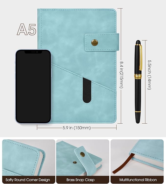 A5 Lined Leather Journal Notebook for Men Women,5.9" X 8.4" Hardcover Journal with Pen,200 Pages 100 Gsm Thick Ruled Paper Daily Diary for School,Travel,Business,Work,Home Writing-DeskLoop Office