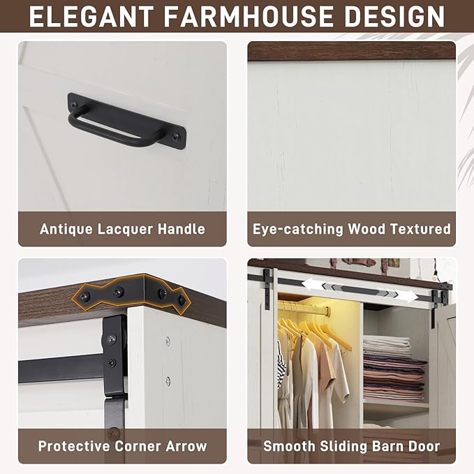 Farmhouse 4 Doors Armoire Wardrobe Closet w/Folding Sliding Barn Door and Lights, LED Armoire Closet w/Drawers for Bedroom, Freestanding Wooden Wardrobe Storage Closets w/Hanging Rod,Antique White-DeskLoop Office