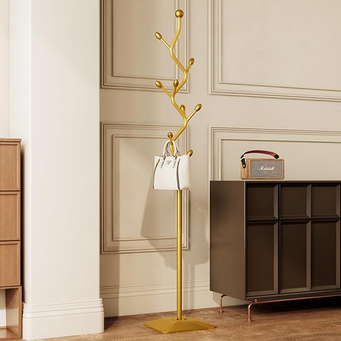 Tree-shaped coat rack stand,Metal coat tree with 8 Hooks and sturdy cast iron base,Heavy Duty coat rack freestanding coat hanger stand for Clothes Hats Scarfs Purses (gold)-DeskLoop Office