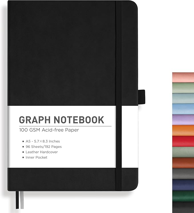 RETTACY Graph Grid Paper Notebook, 192 Pages, A5 Medium Size (5.7'' x 8.3''), 5 Squares per Inch, Leather Hardcover, 100 GSM Thick Paper, for School, Students, Math, Engineering (Black)-DeskLoop Office