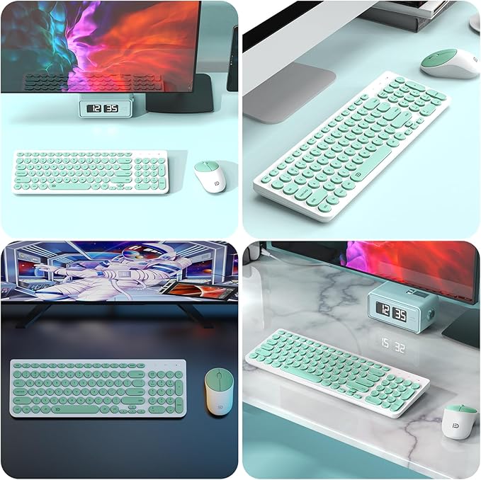 FD Wireless Keyboard and Mouse Combo - 2.4GHz USB Cordless, Cute Round Keys, Quiet and Slim Set for Laptop, Computer, TV, and Mac - Mint Green & White-DeskLoop Office