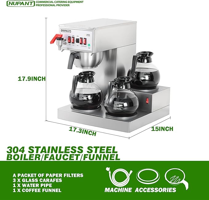 12 Cup Commercial Coffee Maker Auto Filling Drip Coffee Maker Machine with 3 Glass Carafes 3 Warmers Stainless Steel Pour Over Coffee Brewer with Hot Water Dispenser for Restaurant Office Cafe-DeskLoop Office