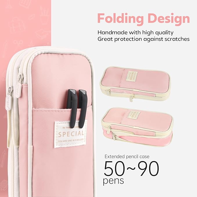 Pencil Case, Large Capacity Aesthetic Pencil Cases with Durable Zipper, Big Stationery Pencil Pouch for Women & Men, Adults Portable Storage Organizer Bag for College, office, Travel (Pink)-DeskLoop Office