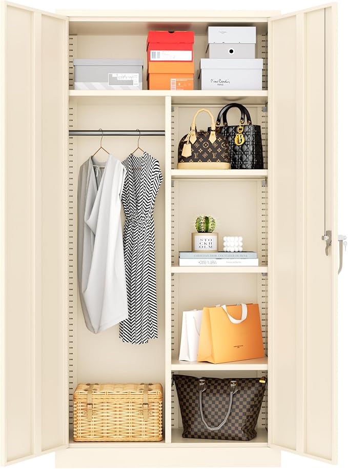 Greenvelly Metal Storage Wardrobe Cabinet with Lock, 72" Grey Metal Wardrobe Closet for Hanging Clothes with Doors and Shelves, Modern Clothes Closet for Home, Office and Bedroom, School,Gym-DeskLoop Office