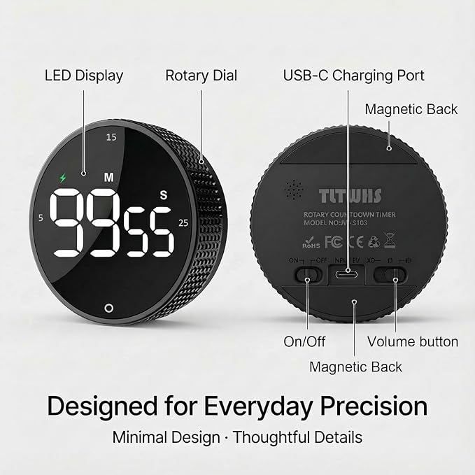 Rechargeable Magnetic Kitchen Timer, LED Countdown/Count-Up Timer, Supports - Image 8