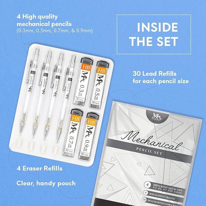 MozArt Mechanical Pencil Set 4 Sizes 0.3 0.5 0.7 0.9mm HB Lead Clear | 30 HB - Image 3