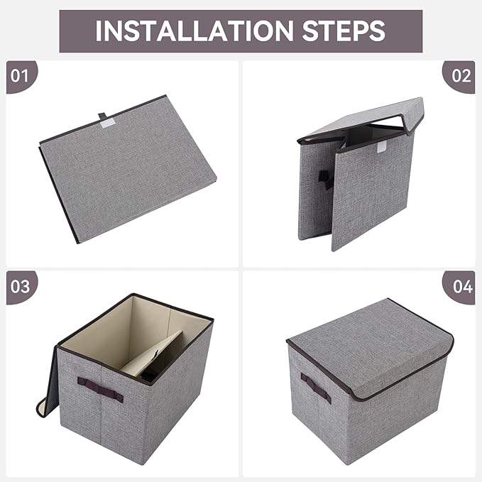 Large 17" 42 Quarts Collapsible Stackable Storage Bins with Lids [3-Pack] Foldable Fabric Linen Storage Boxes Cube, Closet Organizer Baskets with Label for Home (16.7 x 12 x 12, Gray)-DeskLoop Office