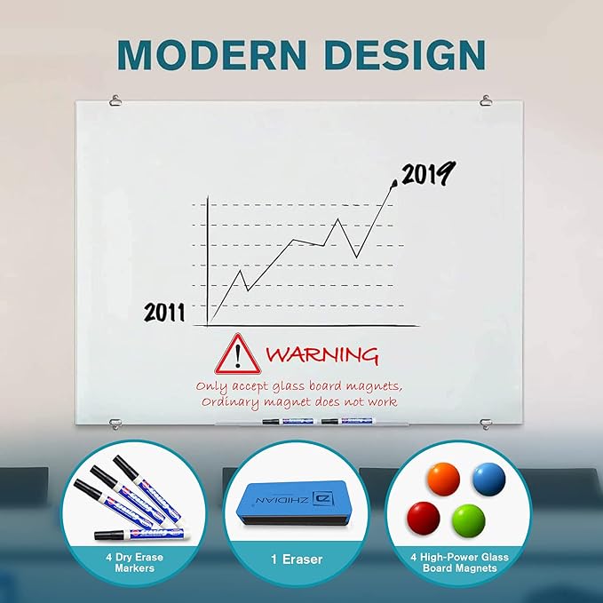 2-in-1 Glass White Board 72" x 43" Extra Large Splicing Magnetic Tempered Glass Whiteboard for Wall, ZHIDIAN Morden Glass Dry Erase Board Frameless Bulletin Board for Office, Home, School-DeskLoop Office