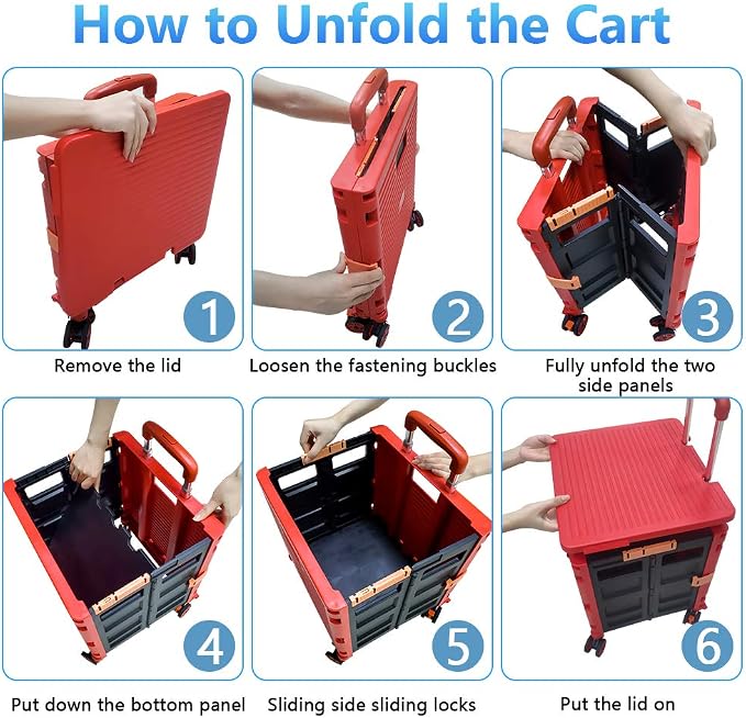 FELICON SELORSS Foldable Utility Cart Folding Portable Rolling Crate-Red | - Image 4