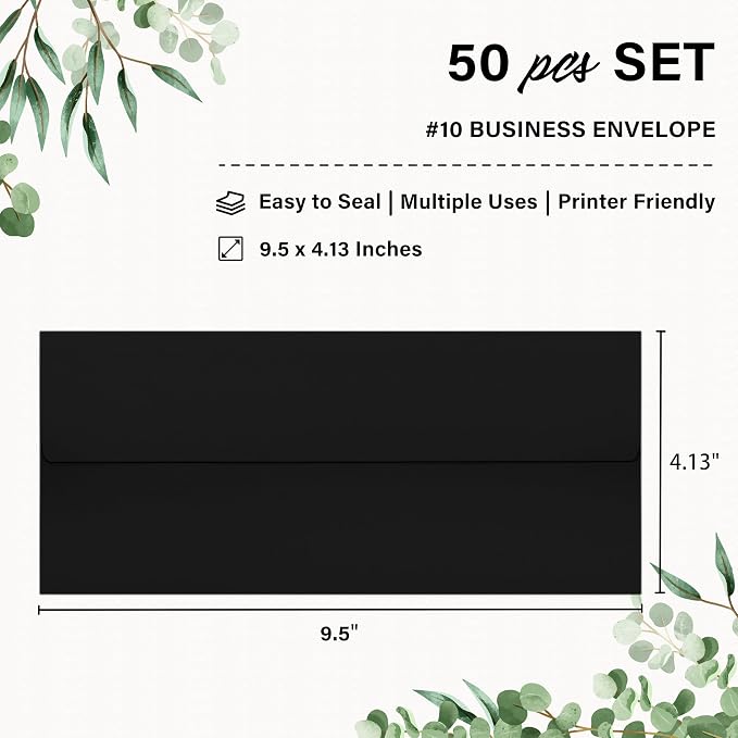 50 Pack #10 Business Envelopes, Self Seal Standard Black Envelopes - Image 2