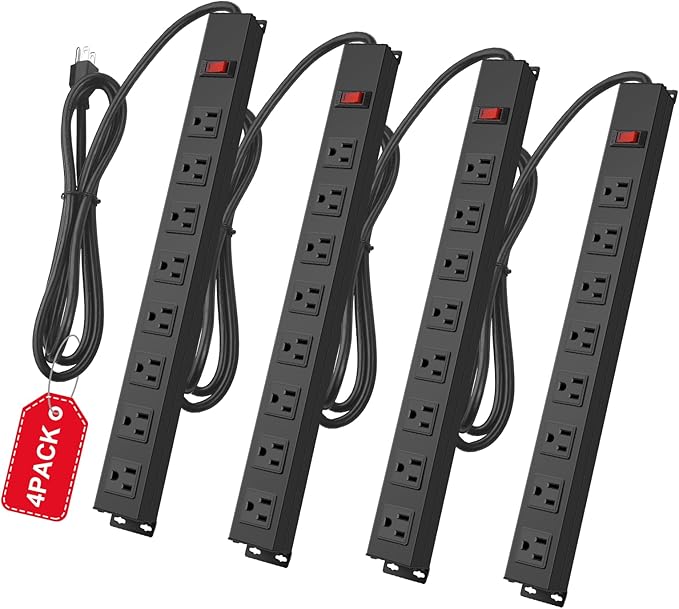 4Pack Metal 8 Outlet Mountable Power Strip, Wall Mount Outlet Heavy Duty, Wide Spaced Commercial Shop Power Strip with Switch, 6 FT Power Cord.-DeskLoop Office