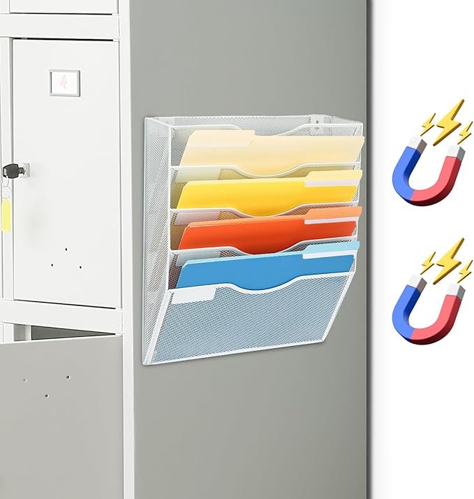 EASEPRES Magnetic 5 Pocket Mesh Hanging File Organizer, Wall Mounted Mail Paper Document Folder Holder, Clipboard Storage Organization Magazine Rack with Nametag Label for Office Home School, White-DeskLoop Office