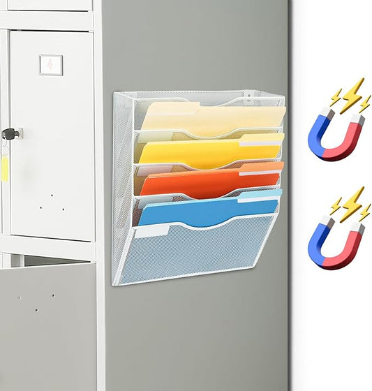 EASEPRES Magnetic 5 Pocket Mesh Hanging File Organizer, Wall Mounted Mail Paper Document Folder Holder, Clipboard Storage Organization Magazine Rack with Nametag Label for Office Home School, White-DeskLoop Office