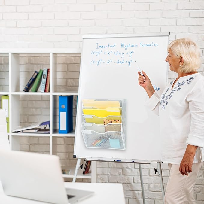 EASEPRES Magnetic 5 Pocket Mesh Hanging File Organizer, Wall Mounted Mail Paper Document Folder Holder, Clipboard Storage Organization Magazine Rack with Nametag Label for Office Home School, White-DeskLoop Office
