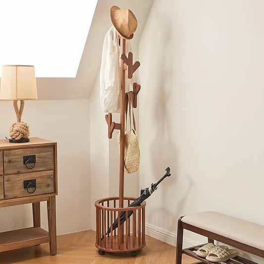 Uniclinens Solid Wood Coat Rack Freestanding with Umbrella Holder, Tree Coat Rack Stand with Lockable Universal Casters & 12 Hooks for Entryway Bedroom, Walnut-DeskLoop Office