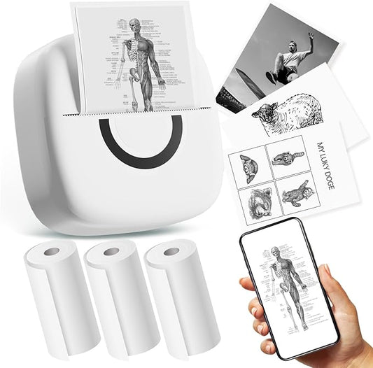 Mini Printer Sticker Thermal Printer with 3 Rolls Paper, Bluetooth Portable Phone Print Pods,Study Sticker Maker for Pictures, Photos, Journals, DIY, Compatible with Phone & Tablet-DeskLoop Office