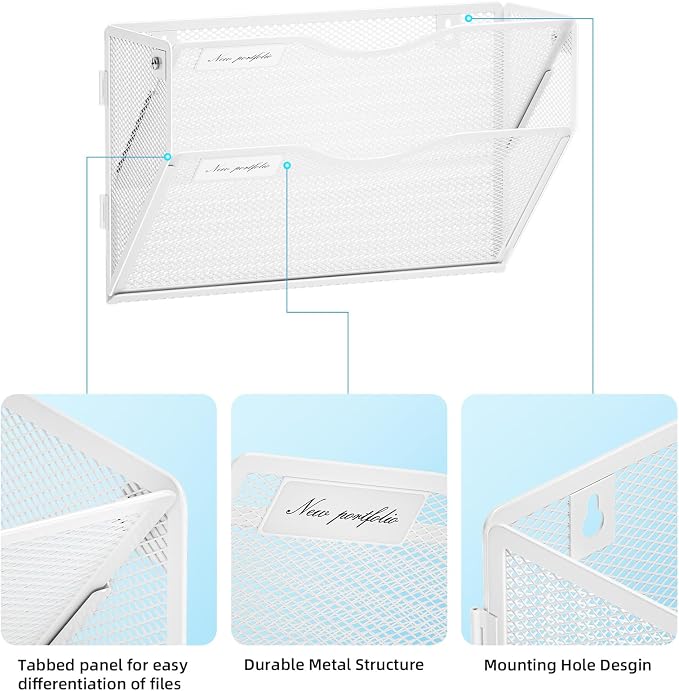 Marbrasse Wall File Holder 2-Tier Hanging Wall File Organizer, Mesh Mail Holder - Image 3