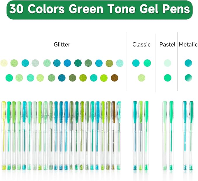 Shuttle Art 60 Pack Green Tone Gel Pens, 30 Green Tone Gel Pens with 30 Refills for Adults Coloring Books Journaling Drawing Nature, Landscapes, Animals Scenes-DeskLoop Office