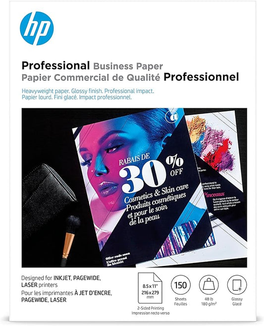 HP Professional Business Paper, Glossy, 8.5x11 in, 48 lb, 150 sheets, works with inkjet, PageWide, laser printers (Q1987A)-DeskLoop Office