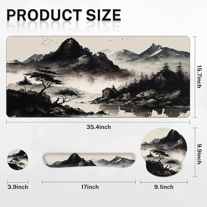 Britimes Black Ink Landscape Keyboard Mouse Pad Set 4in1 Large - Image 3
