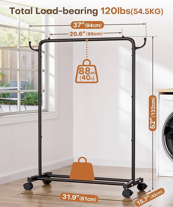 Homde Heavy Duty Clothes Rack: 120lb Standing Garment Storage for Indoor - Rolling Hanging Rod for Bedroom Laundry Room - Coat Dress Organizer on Wheels with luggage shelf (Black，32")-DeskLoop Office