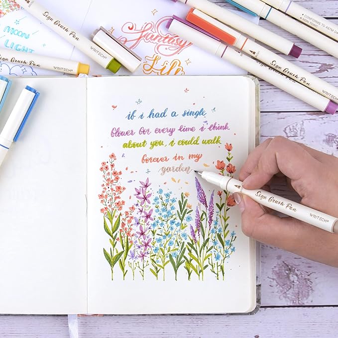 WRITECH Arts Sign Brush Pen Brush Tip Marker Felt Tip Water Based Ink Color Pens 12 Assorted Vintage Colors Great for Lettering Journaling Calligraphy (Vintage)-DeskLoop Office