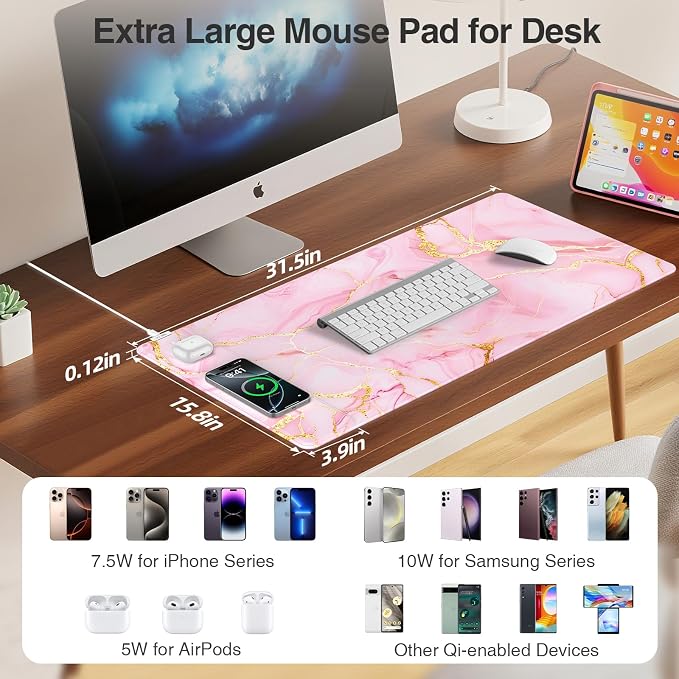 Pink Marble Mouse Pad with 15W Wireless Charging, 31.5"x15.8" Large Gaming Desk - Image 3