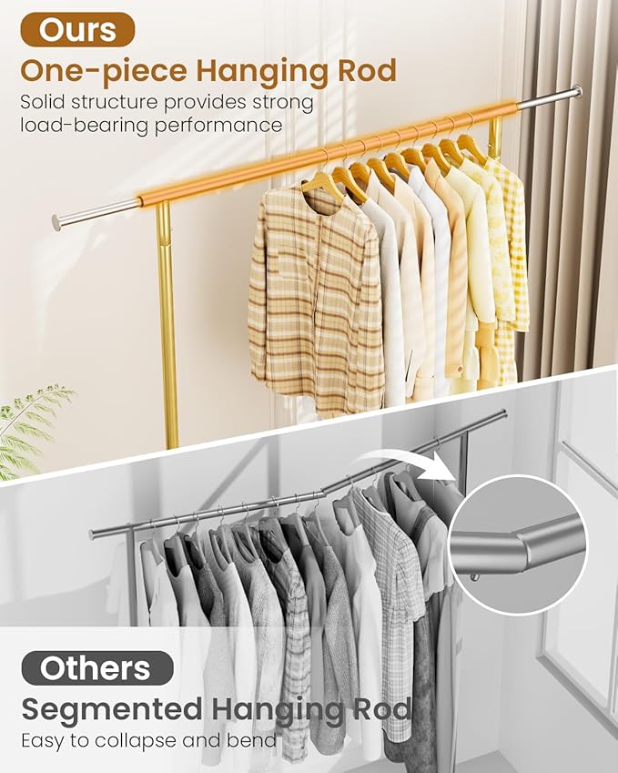 Heavy Duty Clothes Rack, Metal Clothing Rack Load 450 LBS, Rolling Coat Racks for Hanging Clothes with Lockable Wheels, Wardrobe Closet Garment Racks for Bedroom, Gold-DeskLoop Office