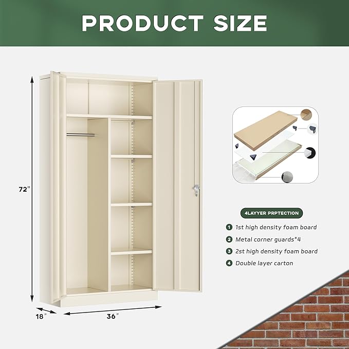 Greenvelly Metal Wardrobe Cabinet with Lock Door, 72" Metal Wardrobe Closet with Hanging Rods and Adjustable Shelves, Clothing Storage Closet Cabinet for Home, Office, Employee, Gym (Grey)-DeskLoop Office