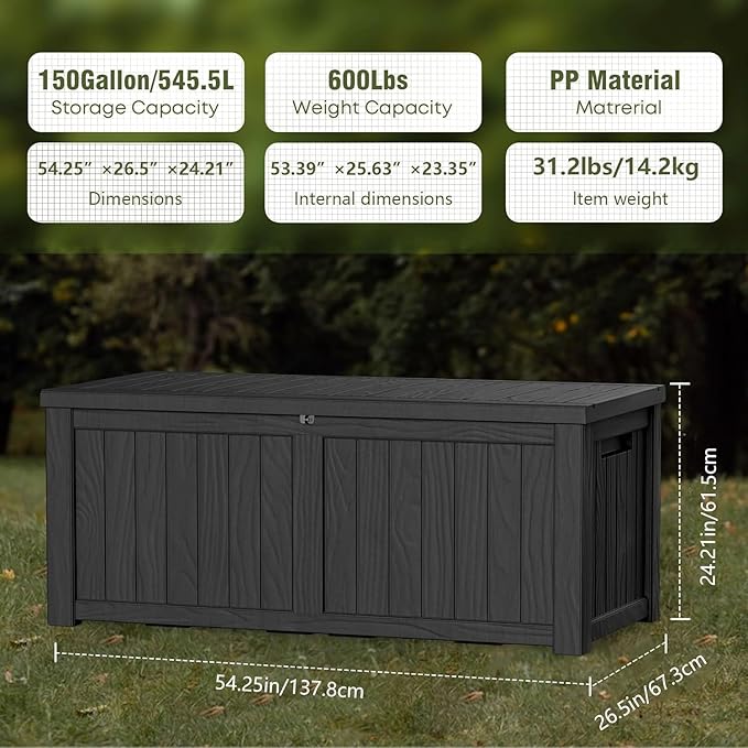150 Gallon Outdoor Storage Box Waterproof Lockable Resin Deck Box Large, Patio Storage Bin for Pool Accessories Cushion Furniture, Garden Tools, UV-Resistant Outside Delivery Black-DeskLoop Office
