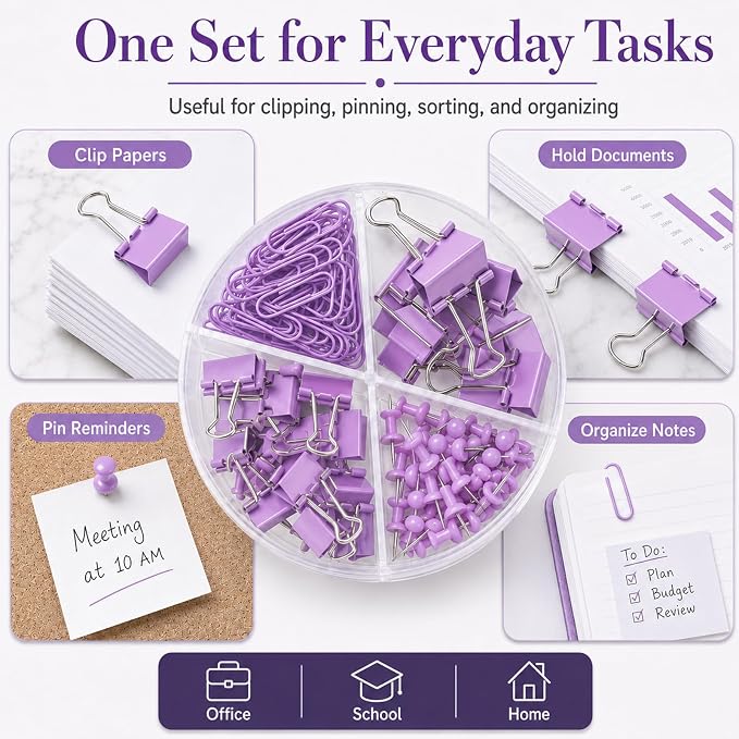 Purple Binder Clips and Paper Clips Push Pins Tacks Sets, Total 72 PCS Assorted - Image 4