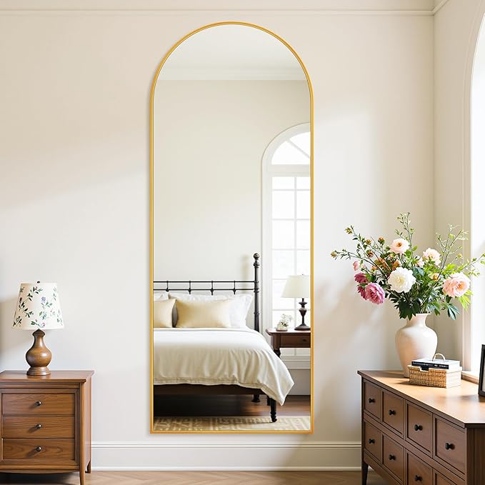 Full Length Mirror, 59"x18" Oversized Floor Mirror Freestanding, Full Body Mirror Floor Standing Mirrors with Stand, Hanging Mounted Mirrors for Bedroom Living Room, Gold, Arched Style-DeskLoop Office