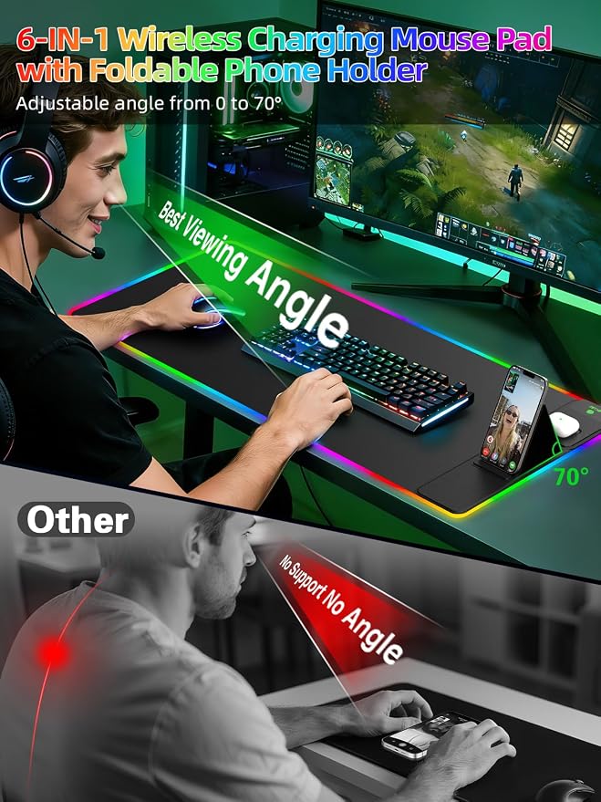 Mouse Pad with Foldable Phone Holder & Wireless Charger, XXL RGB Gaming - Image 2